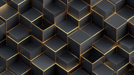 Isometric 3D Pattern of Black Cubes with Elegant Gold Trim in a Geometric Layout