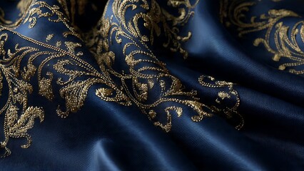 Elegant Dark Blue Silk Fabric with Intricate Gold Embroidery and Smooth Texture