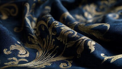 Luxurious Dark Blue Silk Fabric with Elegant Gold Floral Texture for Design