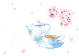 桜と紅茶の水彩イラスト 春のカフェメニュー コピースペース
