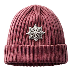 Maroon ribbed beanie with silver snowflake brooch isolated on transparent background