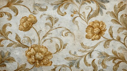 Vintage Floral Botanical Pattern with Gold Metallic Accents on Textured Background