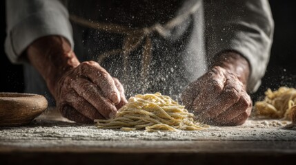 Hands Preparing Fresh Pasta with Flour on a Wooden Table in a Warm Kitchen Setting