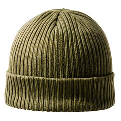 Olive green ribbed beanie hat isolated on transparent background