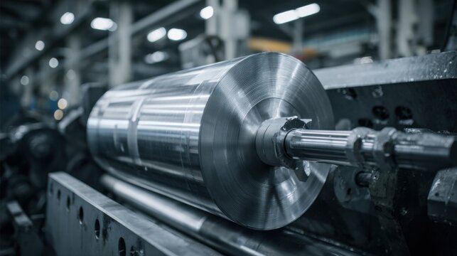 Closeup of aluminum rod drawing machine shaping thick rods with precision in an industrial foundry environment. - Powered by Adobe