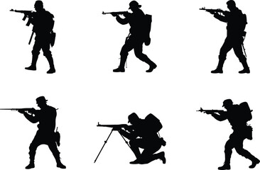 Obraz premium Armed soldier silhouettes in tactical combat poses, rifle ready, military action stances, battlefield readiness, cad drawing flat vector illustration