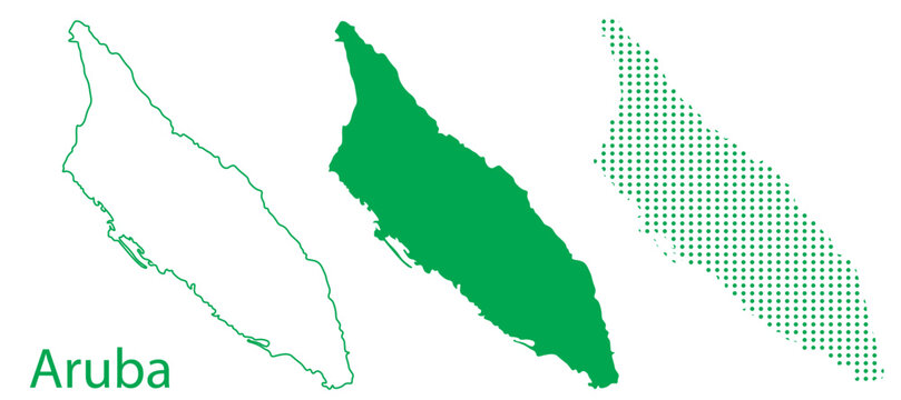Aruba Map Vector Set, Caribbean Outline Silhouette Dotted Green Shapes, Aruba Island Infographic Template, Editable EPS Aruba Geography