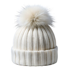 White knit beanie with fuzzy pom pom isolated on transparent background