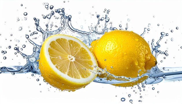 白背景でレモンが弾ける瑞々しい広告素材