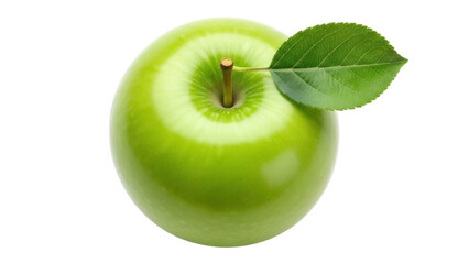 Fresh Granny Smith apple PNG isolated, vibrant green fruit with stem and leaf on transparent background, healthy eating concept
