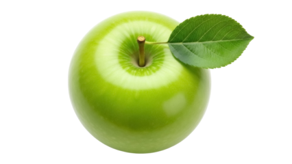 Fresh Granny Smith apple PNG isolated, vibrant green fruit with stem and leaf on transparent background, healthy eating concept
