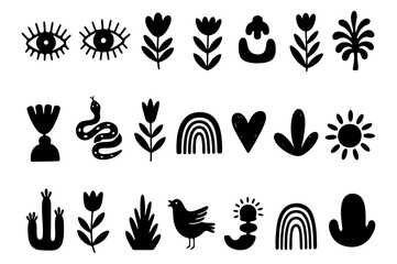 Set of black silhouette abstract folk art icons with eyes, flowers, snake, rainbows, heart, sun, bird, cactus and botanical shapes