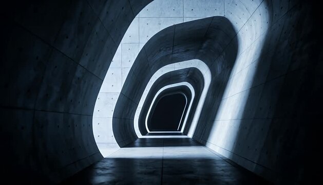 Abstract geometric tunnel void architectural pathway background with lighting, dark corridor motion.