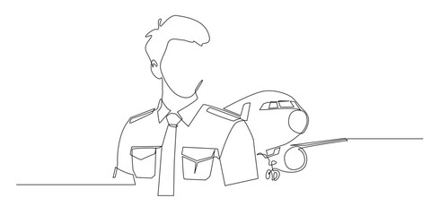 Continuous line drawing of a pilot standing beside an airplane symbolizing aviation professionalism and travel. Single line illustration suitable for flight industry and transportation themes.