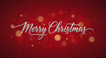 Silver script "Merry Christmas" on red bokeh background, evokes festive cheer, holiday spirit, and warm wishes for a joyful celebration of the season