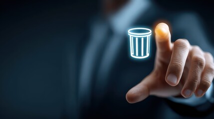Businessman in Suit Interacting with Digital Trash Can Icon for Concept of Data Management and Information Deletion in Modern Technology Era