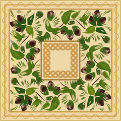 Scarf floral vector pattern from hazelnut sprigs, leaves, nuts and golden frames on a beige background
