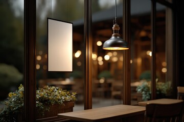 Mock-up billboard or white paper poster promotion  display on the front restaurant or coffee shop. Blank paper for Promotion information for marketing