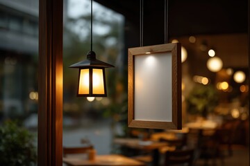 Mock-up billboard or white paper poster promotion  display on the front restaurant or coffee shop. Blank paper for Promotion information for marketing