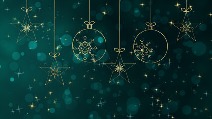 Holidays Golden Ornaments. Green Christmas card with gold ornaments and sparkles.
