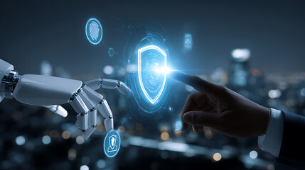 Human and robotic hands interact with glowing digital security shield and fingerprint icon technology