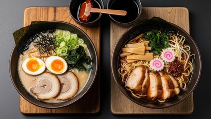 Japanese ramen bowls with pork, soft-boiled eggs, seaweed, noodles, and garnishes on wooden boards