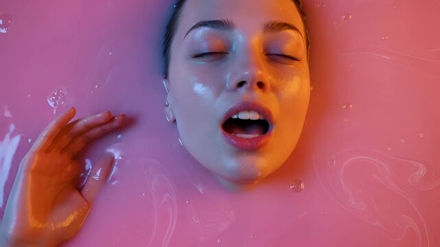 Artistic triptych of a beautiful young woman submerged in a pink liquid bath. Her face shows a sequence of emotions from hiding to pleasure under colorful neon lights