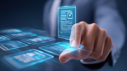 Businessman interacts with digital holographic interface displaying documents and checklists, highlighting modern technology and innovation in workflow management.
