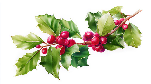 Festive traditional holly watercolor illustration isolated on white, with vibrant red berries and green leaves for holiday decoration. - Powered by Adobe