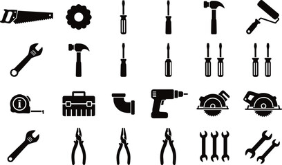 Obraz premium Construction tool silhouette vector set, workshop equipment icons, repair gear graphics, flat cad drawing, editable outline, isolated illustration