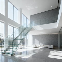 Obraz premium Modern Minimalist Glass Staircase Living Room