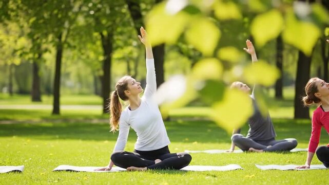 Relaxed women performing yoga and stretching in sunny nature.