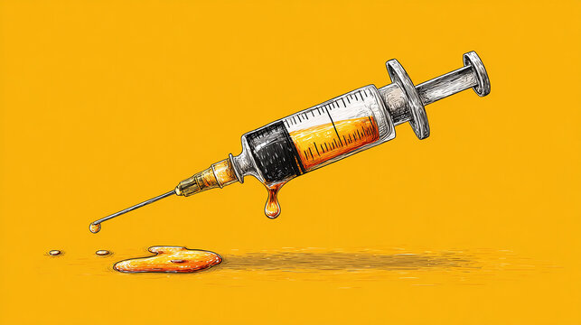 A syringe with dripping liquid on a vibrant yellow backdrop