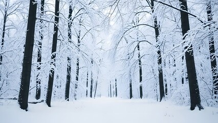 A serene winter wonderland path winding through a beautiful snow-covered forest