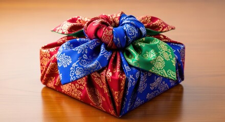Korean Traditional Gift Wrapping Cloth Bojagi on a Wooden Background