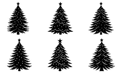 Fototapeta premium Six Christmas Trees with Stars and Dots on White Background silhouette black