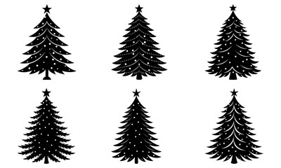 Obraz premium Six Black Christmas Trees with Stars and Dots on White Background silhouette 4