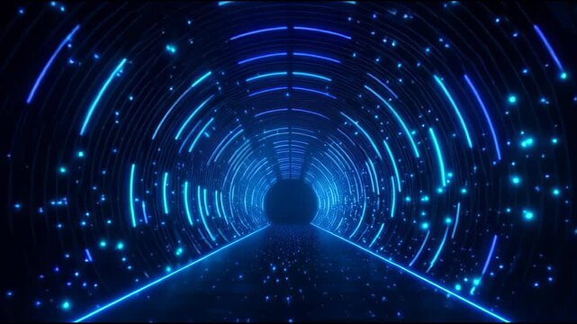 Abstract Blue Neon Circular Tunnel Travel. Moving Forward Space Seamless Loop High Motion Sci-fi Space