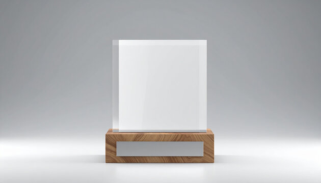 Square Clear Glass Award Plaque on a Wooden Base with Silver Plate Detail trophy