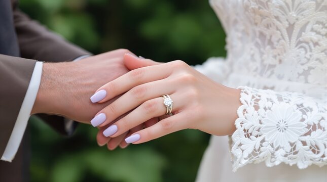  close-up photograph of a couple's hands clasped together, the bride's manicured nails painted lavender, wearing a delicate white lace wedding dress and an engagement ring - Powered by Adobe