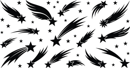 Falling Shooting Stars Silhouette Set with Comet Tails and Night Sky Elements Isolated on White Background Graphic Design Illustration © LatifunNahar