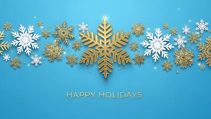 Golden snowflakes are scattered across a blue background with a large central snowflake and festive holiday message