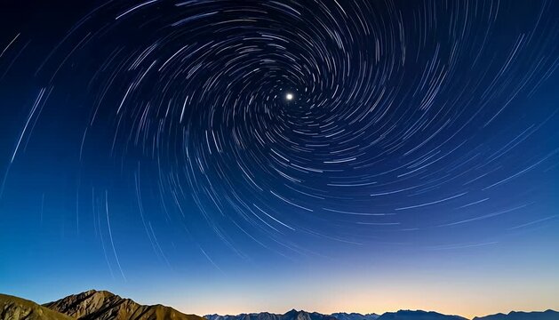 Epic star trails time lapse night sky swirling vortex over mountains cosmic motion astral star trails, spiral.