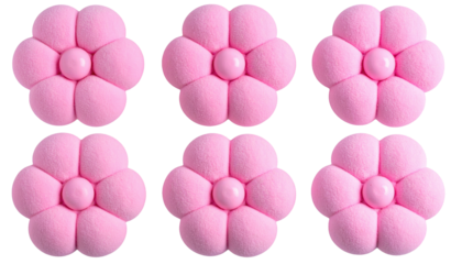 Six pink, stylized flowers with puffy petals and a central sphere against a transparent background. Perfect for design