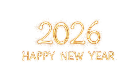 Happy New Year 2026 Golden Text with Sparkles Isolated on White
