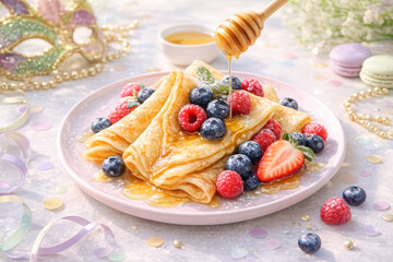 Delicious pancakes with berries and honey drizzle in a festive setting