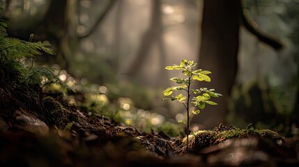 Young plant growing in forest with sunlight shining through trees