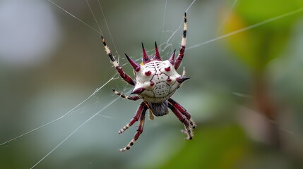 Close-up of a spiny orb-weaver spider with sharp spines on its abdomen