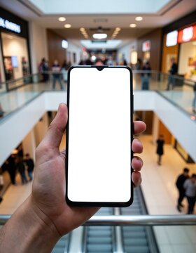 Point of view hand holding mobile phone mockup in modern shopping center atrium