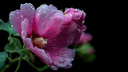Delicate Pink Hollyhock Flower with Water Droplets on Petals Against a Dark Background